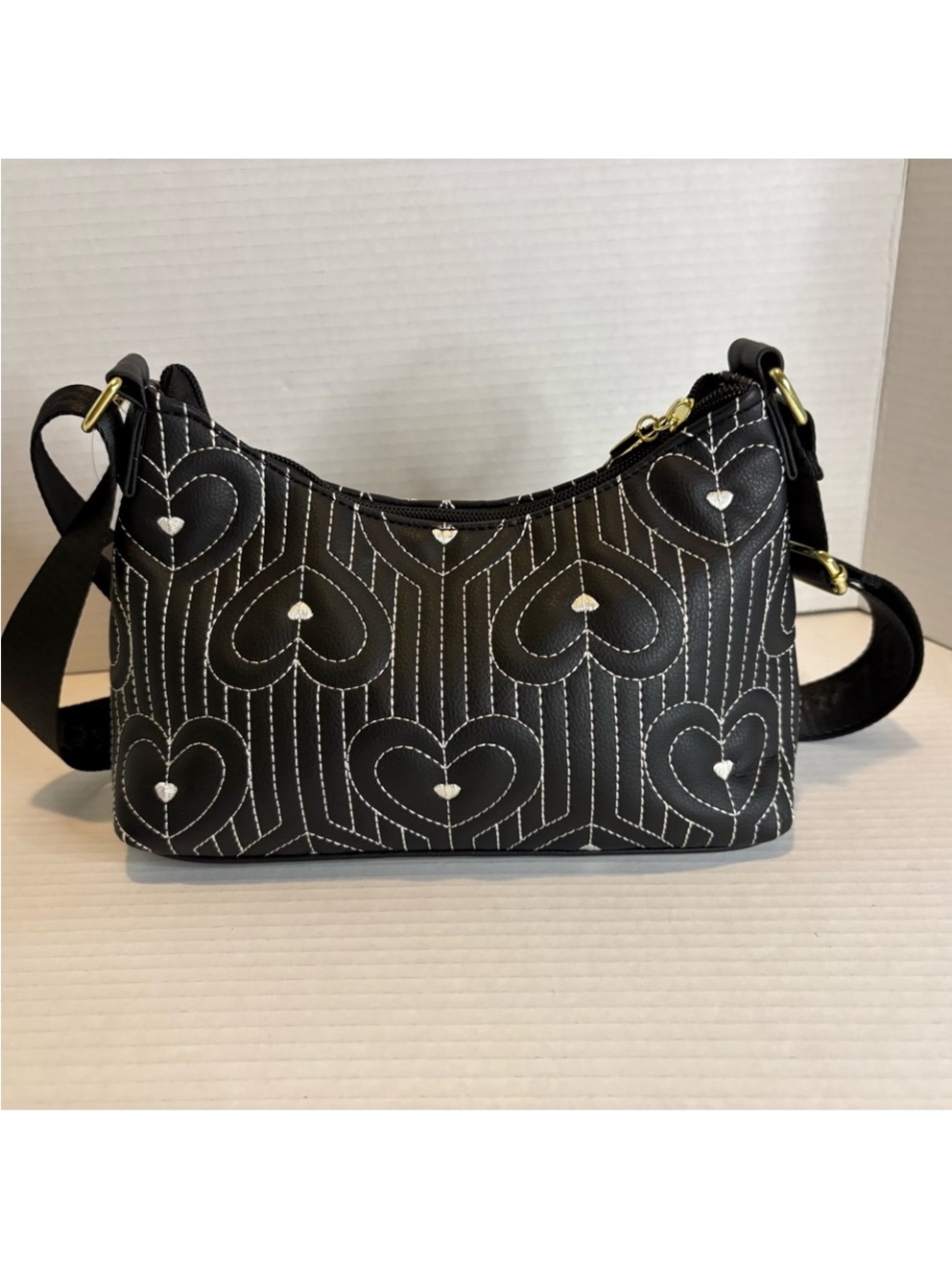 Betsey Johnson Black Quilted Heart Crossbody with Gold Hardware - Picture 5 of 10
